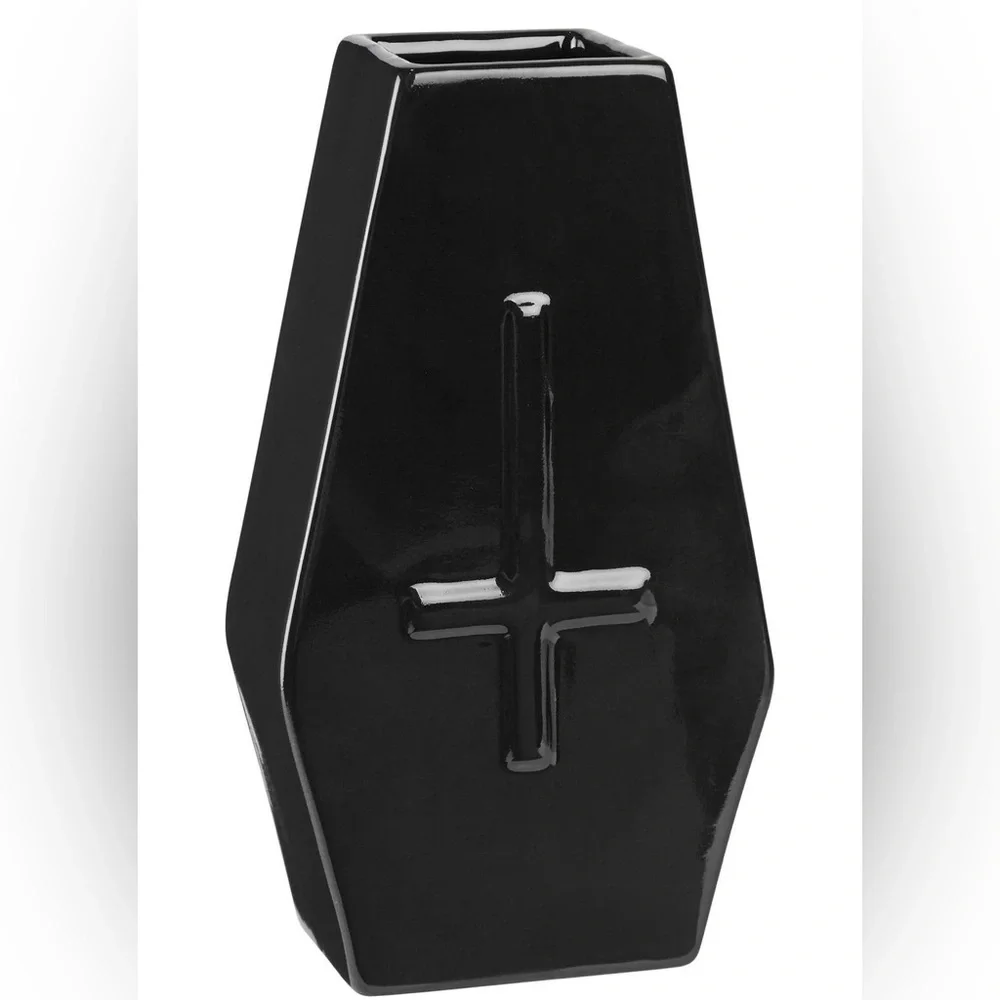 New Killstar Haunted Homeware Black Coffin Shape Vase Ceramic Glossy Cross Large